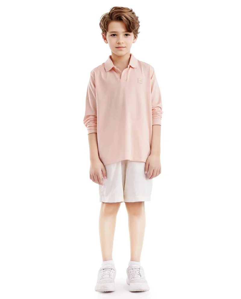 Rare Ones Rare Ones Kids Flit Light Peach Cotton Poly Full Sleeve Polo Neck Solid Polo