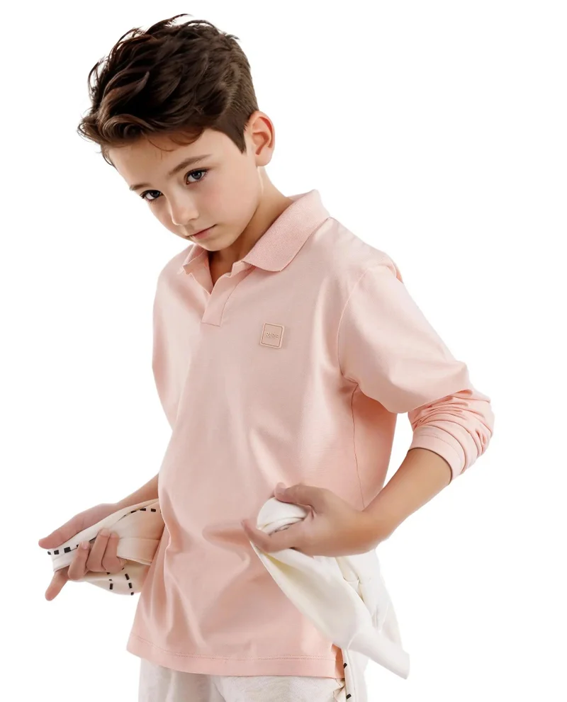 Rare Ones Rare Ones Kids Flit Light Peach Cotton Poly Full Sleeve Polo Neck Solid Polo