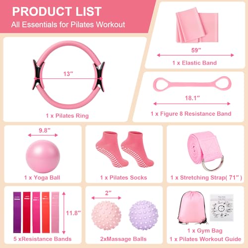 BYYNNE Home Pilates Kit for Women - 14 Pcs Pilates Equipment Set with P-ilates Ring and Ball, 5 Resistance Bands Etc Accessories for Beginners Home Workouts - Includes Workout Guide (Pink) - Image 3
