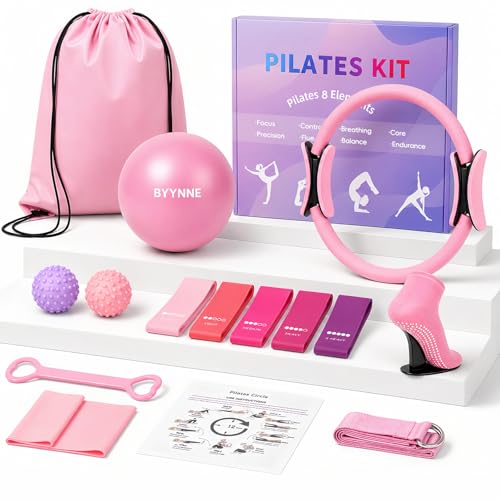 BYYNNE Home Pilates Kit for Women - 14 Pcs Pilates Equipment Set with P-ilates Ring and Ball, 5 Resistance Bands Etc Accessories for Beginners Home Workouts - Includes Workout Guide (Pink) - Image 1