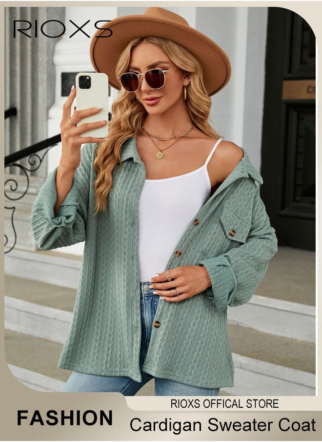 RIOXS - Women's Knitted Cardigan Sweater Coat Buttons Closure Jacquard Solid Color Coat Soft and Warm Top - Image 1