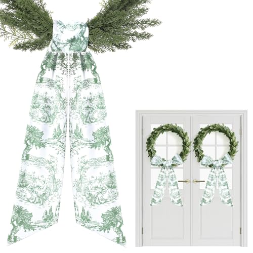 PartyforU Green Wreath Sashes for Front Door - 2 Pcs Greenery French Toile Sash for Wreath Garland Indoor Outdoor, Rustic Wreaths Sash for Embroidery Monogram Farmhouse - Image 1