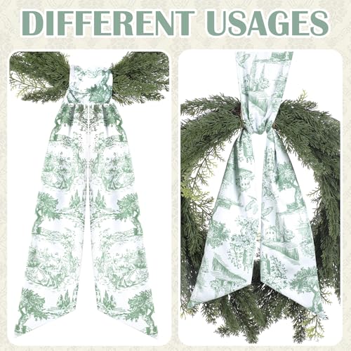 PartyforU Green Wreath Sashes for Front Door - 2 Pcs Greenery French Toile Sash for Wreath Garland Indoor Outdoor, Rustic Wreaths Sash for Embroidery Monogram Farmhouse - Image 5