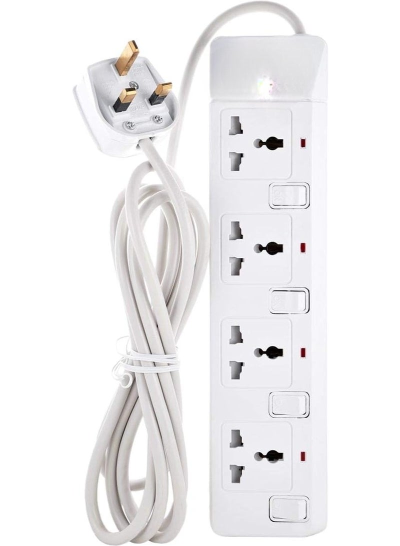 SUKILO 4-Socket Extension Bar with 3 m Cord, 13 A/250 V AC Power Strip with Neon Indicator, 3250 W Max Load – Indoor White  - Image 1
