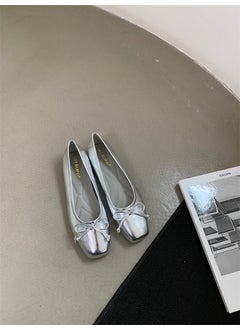 French Style Flat Ballet Slippers Womens Nana Home 2024 Spring New Shallow Bow Mouth Square Head Soft Bottom Single Shoes Silver