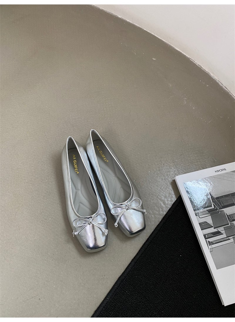 Generic - French Style Flat Ballet Slippers Womens Nana Home 2024 Spring New Shallow Bow Mouth Square Head Soft Bottom Single Shoes Silver - Image 1