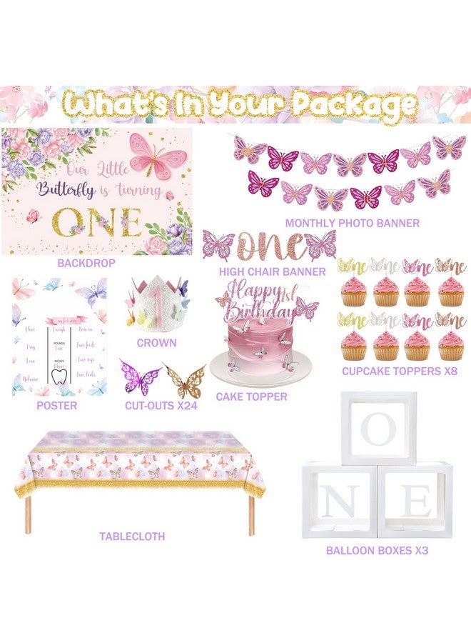 Hombae Butterfly 1St Birthday Decorations For Girl, 1St Birthday Decorations Girls, Butterfly First Themed Backdrop Balloon Banner Tablecloth Crown Poster Box For One Year Old Birthday Girl - Image 2