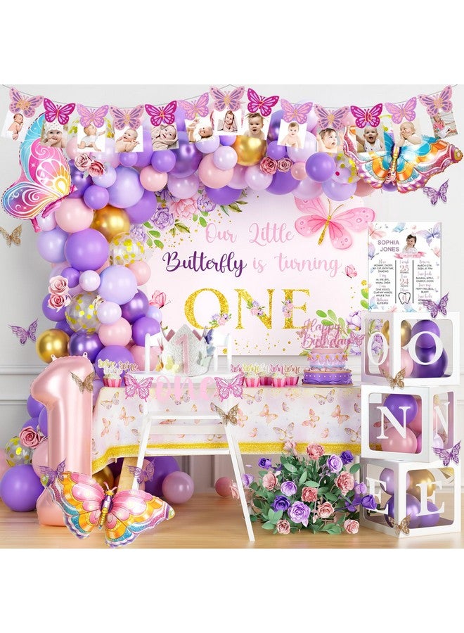 Hombae Butterfly 1St Birthday Decorations For Girl, 1St Birthday Decorations Girls, Butterfly First Themed Backdrop Balloon Banner Tablecloth Crown Poster Box For One Year Old Birthday Girl - Image 1