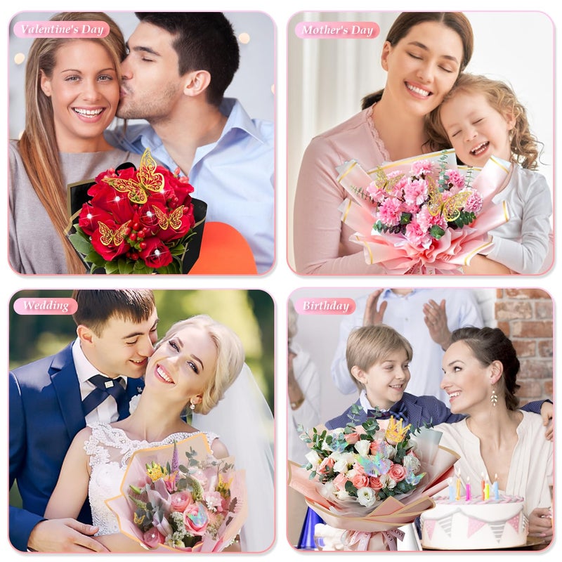 LifeisLuck 276 PCS Flower Wrapping Paper Bouquet Kit, 30 Sheets Waterproof Floral Wrapping Paper With Ribbons, Flower Pearl Pins, Bamboo Skewers, 3D Butterflies Crowns for Florist Craft Mother's Day Birthday - Image 2