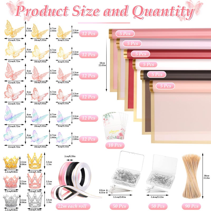 LifeisLuck 276 PCS Flower Wrapping Paper Bouquet Kit, 30 Sheets Waterproof Floral Wrapping Paper With Ribbons, Flower Pearl Pins, Bamboo Skewers, 3D Butterflies Crowns for Florist Craft Mother's Day Birthday - Image 3