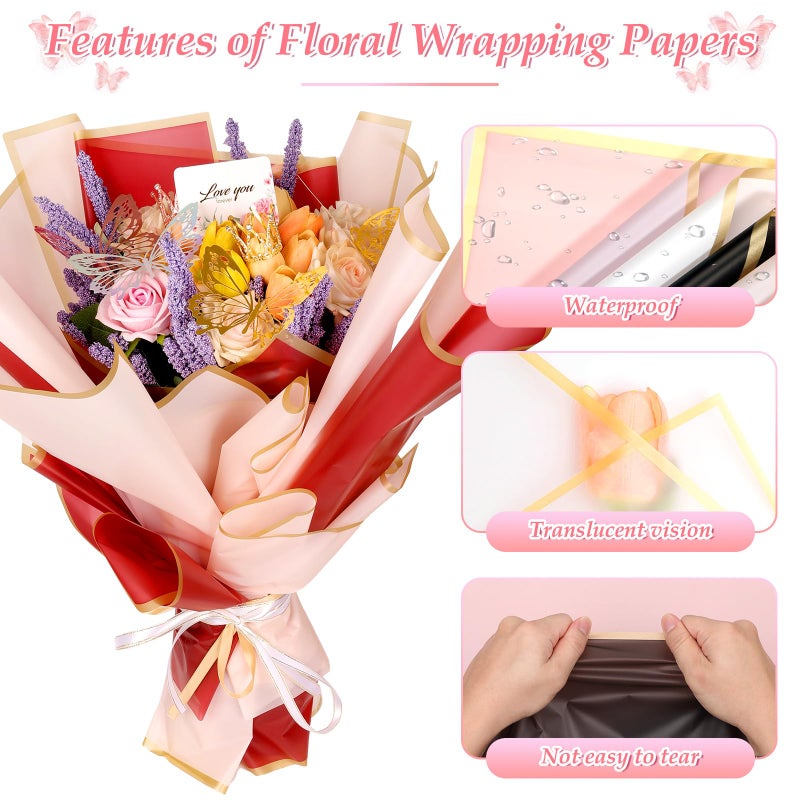 LifeisLuck 276 PCS Flower Wrapping Paper Bouquet Kit, 30 Sheets Waterproof Floral Wrapping Paper With Ribbons, Flower Pearl Pins, Bamboo Skewers, 3D Butterflies Crowns for Florist Craft Mother's Day Birthday - Image 4