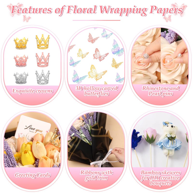 LifeisLuck 276 PCS Flower Wrapping Paper Bouquet Kit, 30 Sheets Waterproof Floral Wrapping Paper With Ribbons, Flower Pearl Pins, Bamboo Skewers, 3D Butterflies Crowns for Florist Craft Mother's Day Birthday - Image 5