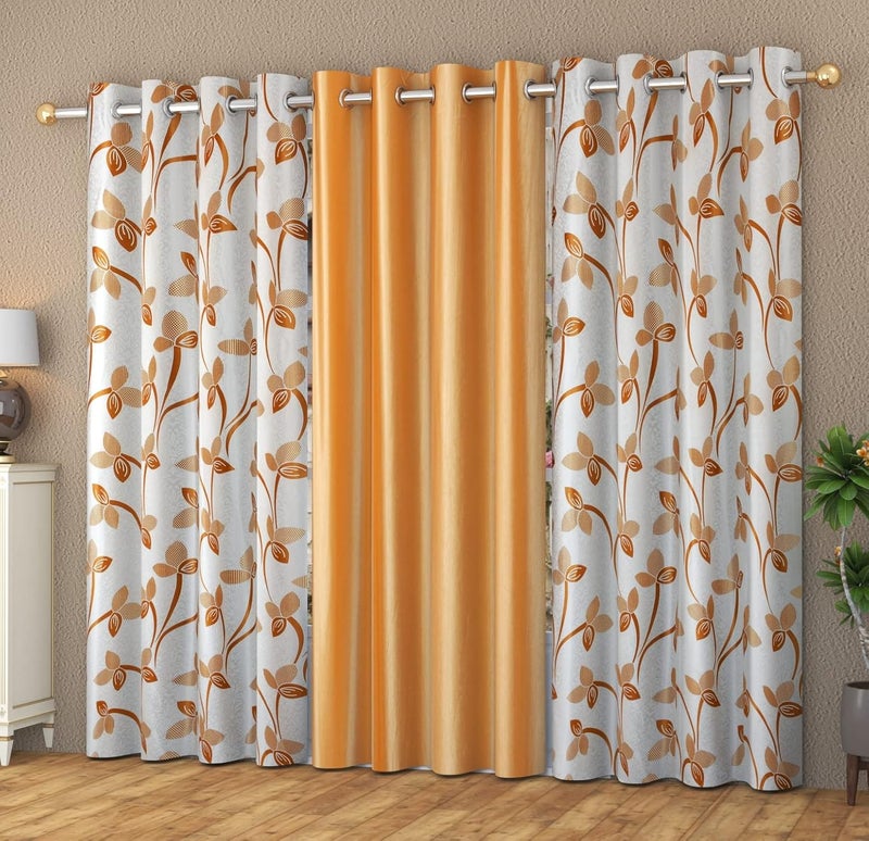 Yarnis Yarnis 9 feet Polyester LightFiltering 2 Floral Printed 1 Plain Eyelet Long Door Curtain Golden Color Combo Pack of 3 - Image 1