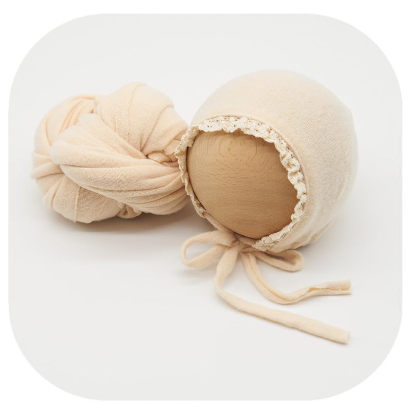 Vemonllas Newborn Photography Wrap Prop Newborn Photoshoot Outfits Ruffle Bonnet Baby Girl Boy Photo Lace Edge Hat Set (Bonnet and Wrap, Beige) - Image 2