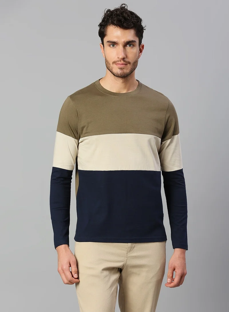 Men'S Olive 100% Cotton Colourblocked Regular Fit T-Shirt
