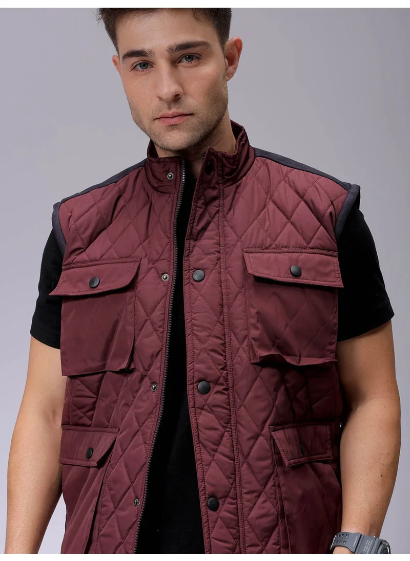 The Indian Garage Co Men Burgundy Sleveeless Slim Fit Quilted Puffer Casual Jacket