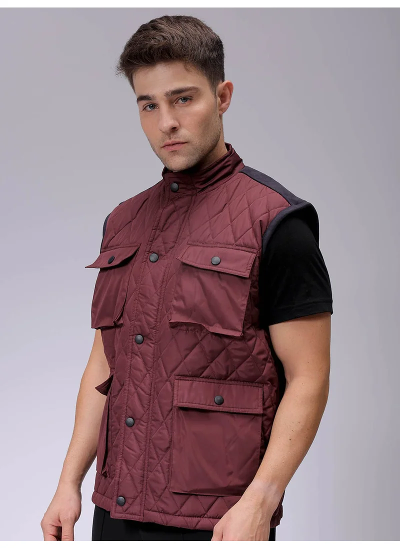 The Indian Garage Co Men Burgundy Sleveeless Slim Fit Quilted Puffer Casual Jacket