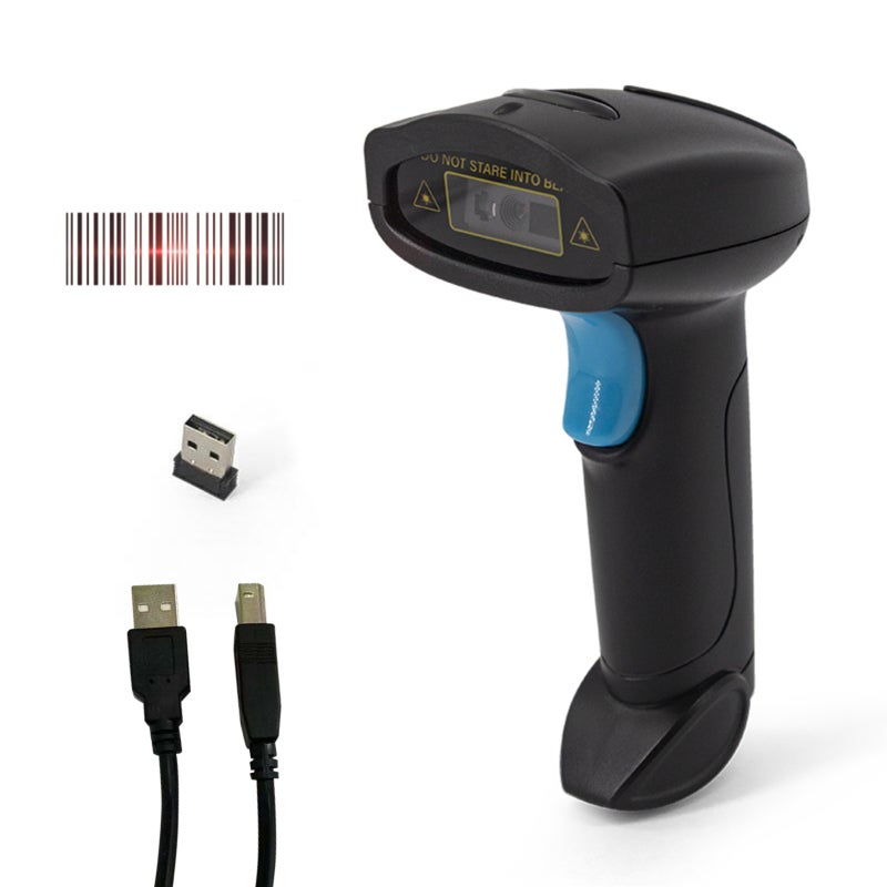 الماسح الضوئي للرموز الشريطية اللاسلكي: 2 في 1 منفذ USB لاسلكي 2.4G قابل للشحن والاستخدام، سرعة 200 مرة في الثانية عالية الدقة، تخزين بسعة 20000، مصنوع من بلاستيك ABS مقاوم للصدمات، لون أسود - ماسح ضوئي للرموز الشريطية أحادي البعد لأوراق الجرد في المستودع والتجزئة - Image 1