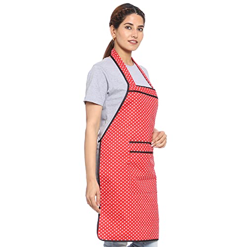 JMi Polka Dot Polyester Fabric Waterproof Apron with Long Ties Free Size For Cooking Dusting Home Kitchen Cleaning Restaurant Multipurpose for Men & Women Unisex Apron. (Free, RED, 1) - Image 3