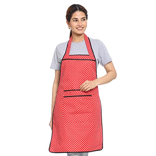 JMi Polka Dot Polyester Fabric Waterproof Apron with Long Ties Free Size For Cooking Dusting Home Kitchen Cleaning Restaurant Multipurpose for Men & Women Unisex Apron. (Free, RED, 1) - Image 1