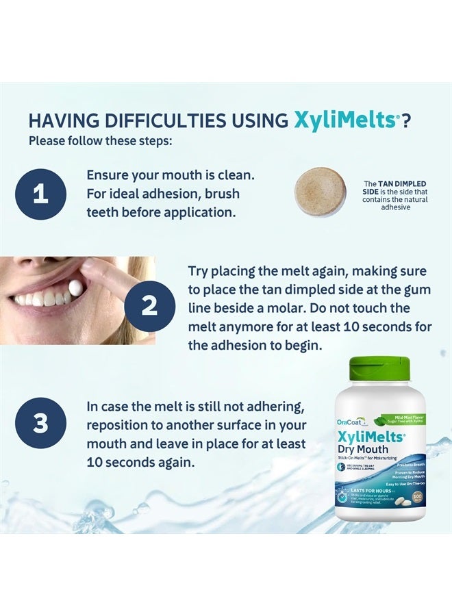 Oracoat أورا كوت زايلي ميلتس لتخفيف جفاف الفم أقراص لاصقة فموية مرطبة بنكهة النعناع الخفيف مع زايليتول، لجفاف الفم، تحفز اللعاب، غير حمضي، للاستخدام نهارًا وليلاً، إطلاق بطيء لمدة تصل إلى 8 ساعات، 100 حبة - Image 3