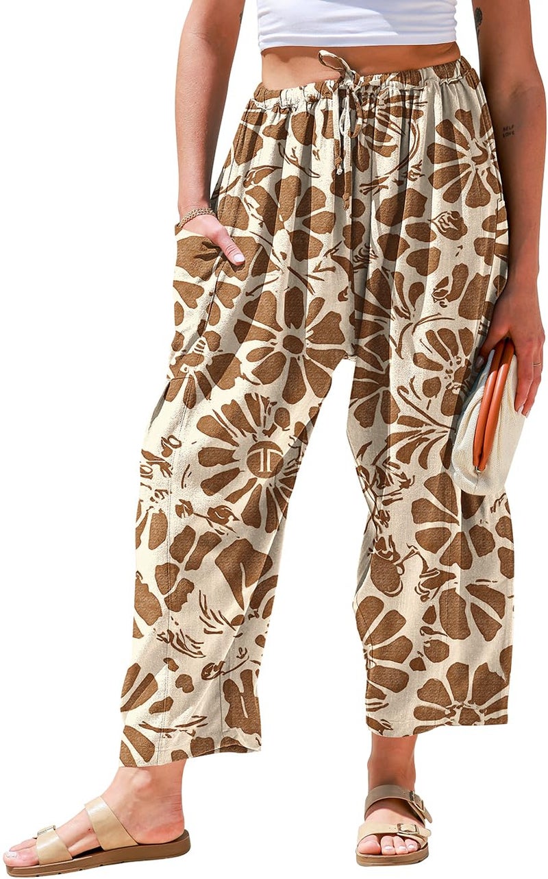 TARSE Womens Linen Wide Leg Pants Casual Loose Drawstring Low Waist Summer Beach Palazzo Harem Pants with Pockets 2026 SunFlowerBrown XS - Image 1