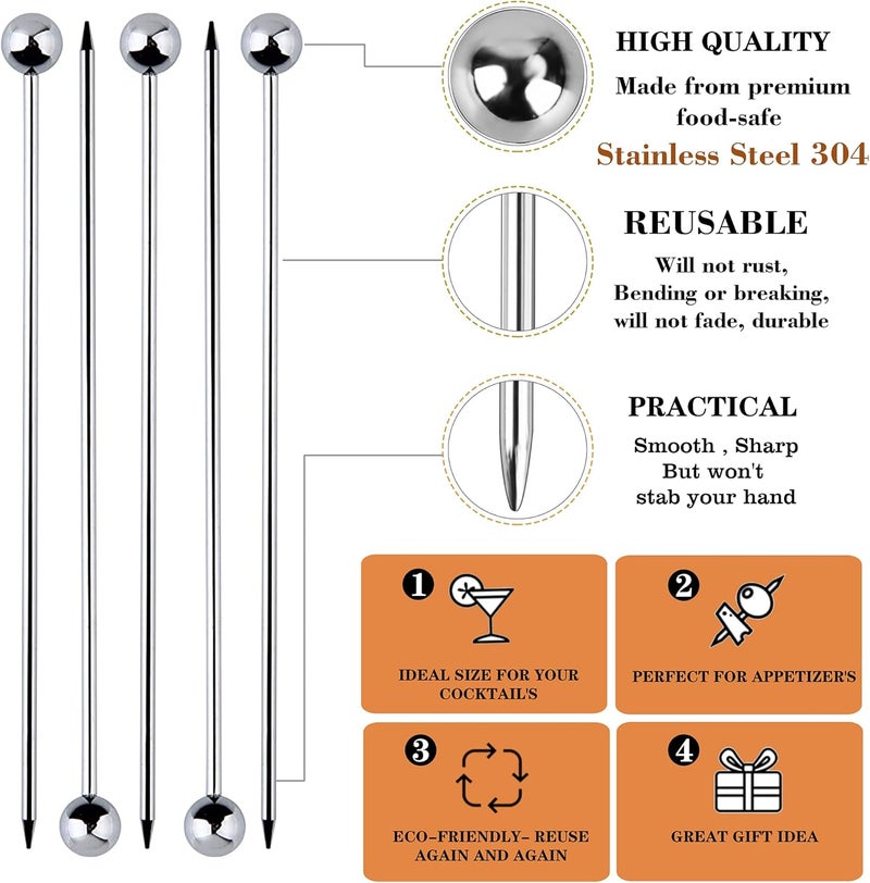 GDBY Metal Cocktail Picks for Drinks Stainless Steel，4.3 Inches Martini Olive Skewers，Fancy Bar Cocktail Toothpicks Drink Garnish Cocktail Skewers for Bloody Mary Appetizer Fruit 12PCS Silver - Image 2