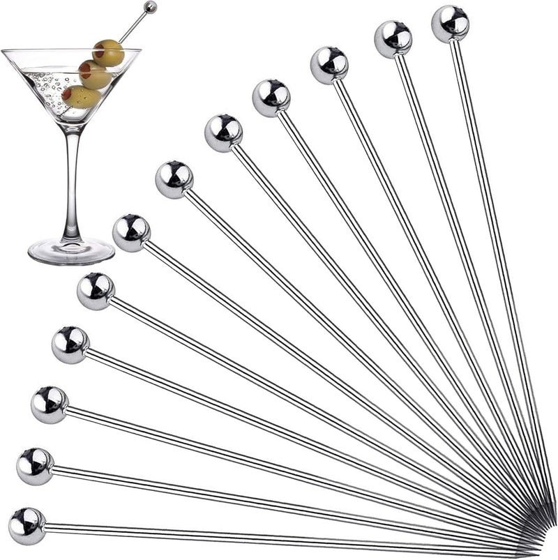 GDBY Metal Cocktail Picks for Drinks Stainless Steel，4.3 Inches Martini Olive Skewers，Fancy Bar Cocktail Toothpicks Drink Garnish Cocktail Skewers for Bloody Mary Appetizer Fruit 12PCS Silver - Image 1