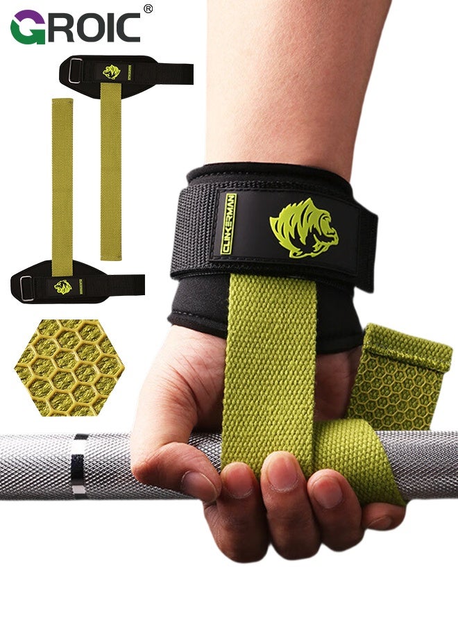 GROIC Weight Lifting Straps, Wrist Cushion, 2-Pack Green Polyester-Cotton Deadlift Straps, Non-Slip Palm Protection for Powerlifting, Strength Training and Pull-Ups, Lifting Wrist Wraps with Silicone Grip - Image 1