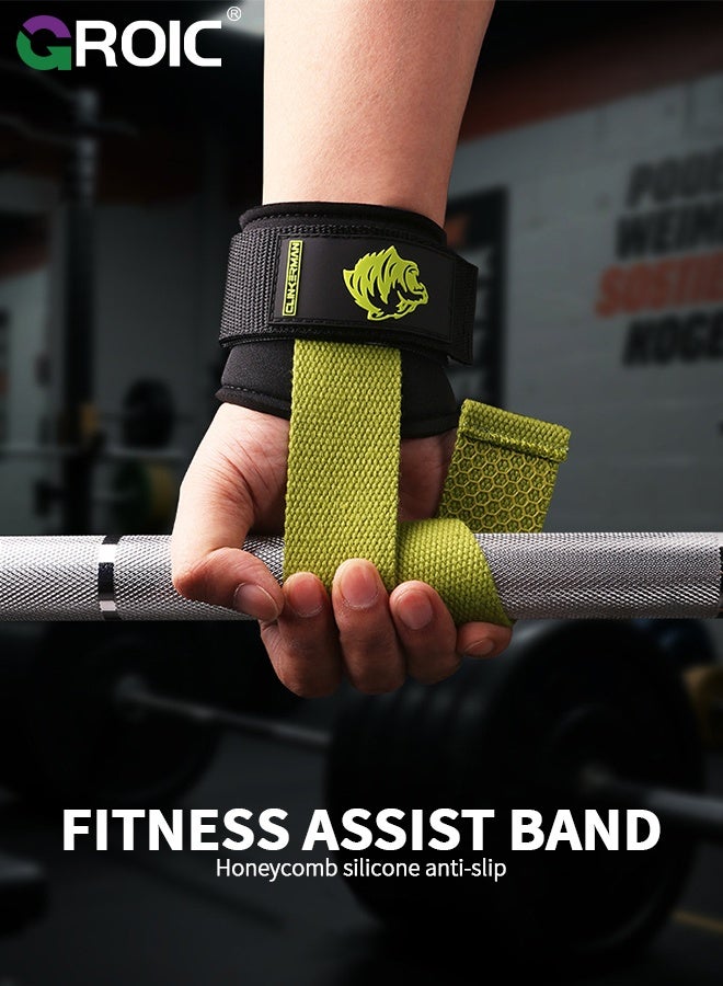 GROIC Weight Lifting Straps, Wrist Cushion, 2-Pack Green Polyester-Cotton Deadlift Straps, Non-Slip Palm Protection for Powerlifting, Strength Training and Pull-Ups, Lifting Wrist Wraps with Silicone Grip - Image 2
