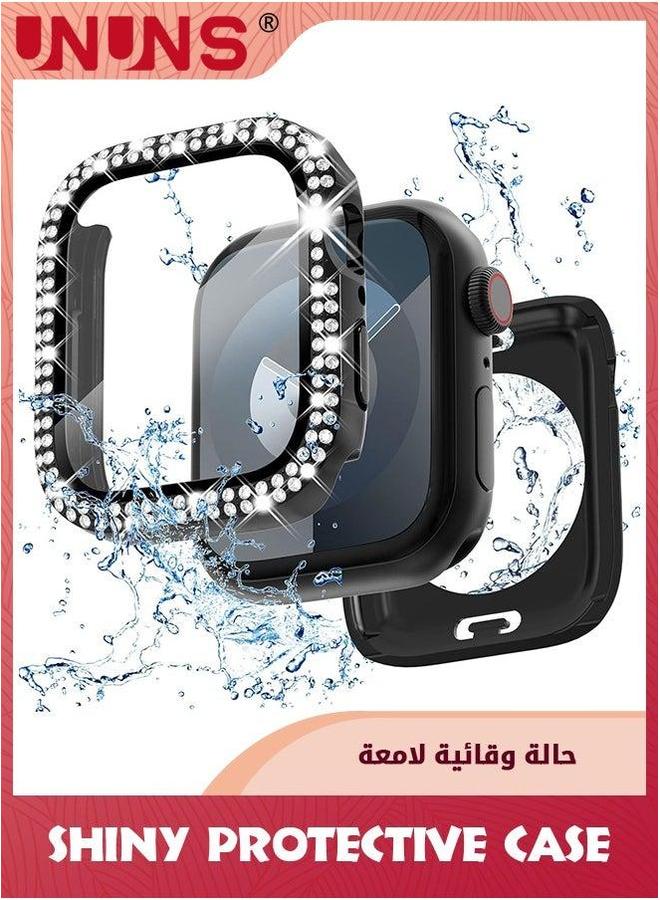 UNUNS 2-In-1 Bling Waterproof Case For iWatch Series SE 6 5 4 44mm,360 Protective PC Cover Front/Back With Tempered Glass Screen Protector,Double Rows Diamond Watch Women Girls,Black - Image 1