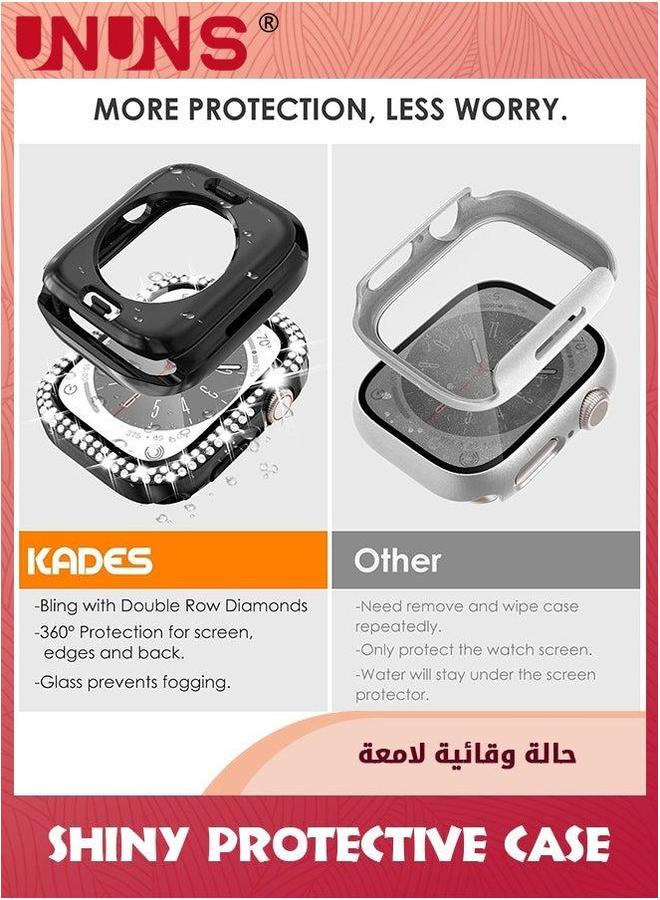 UNUNS 2-In-1 Bling Waterproof Case For iWatch Series SE 6 5 4 44mm,360 Protective PC Cover Front/Back With Tempered Glass Screen Protector,Double Rows Diamond Watch Women Girls,Black - Image 3