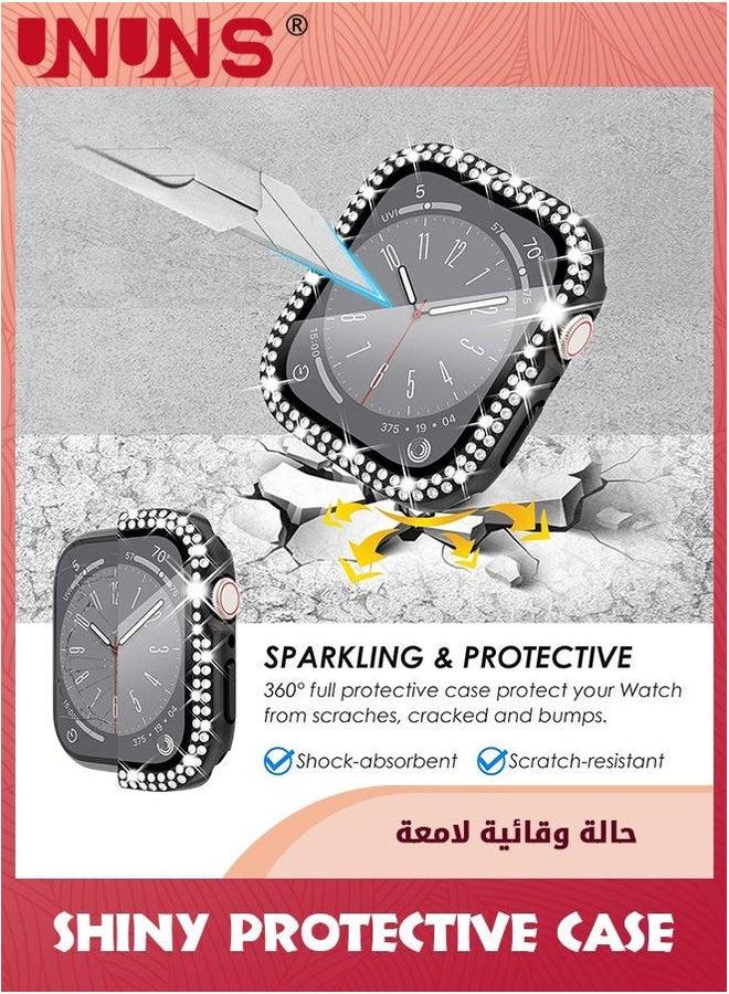 UNUNS 2-In-1 Bling Waterproof Case For iWatch Series SE 6 5 4 44mm,360 Protective PC Cover Front/Back With Tempered Glass Screen Protector,Double Rows Diamond Watch Women Girls,Black - Image 5