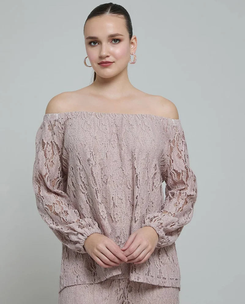 أر أند بي Lace Off Shoulder Top with Puff Sleeves