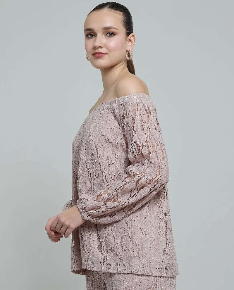 أر أند بي Lace Off Shoulder Top with Puff Sleeves
