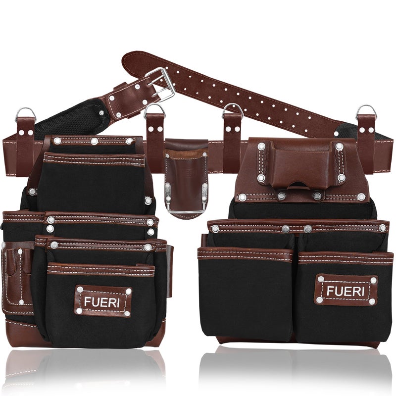 FUERI Tool Belt Men Heavy Duty Nylon Leather Tools Belts Carpenter Bags Electrician Pouches Organizer for Construction Framing Black Brown 30 to 52 Inches Waist