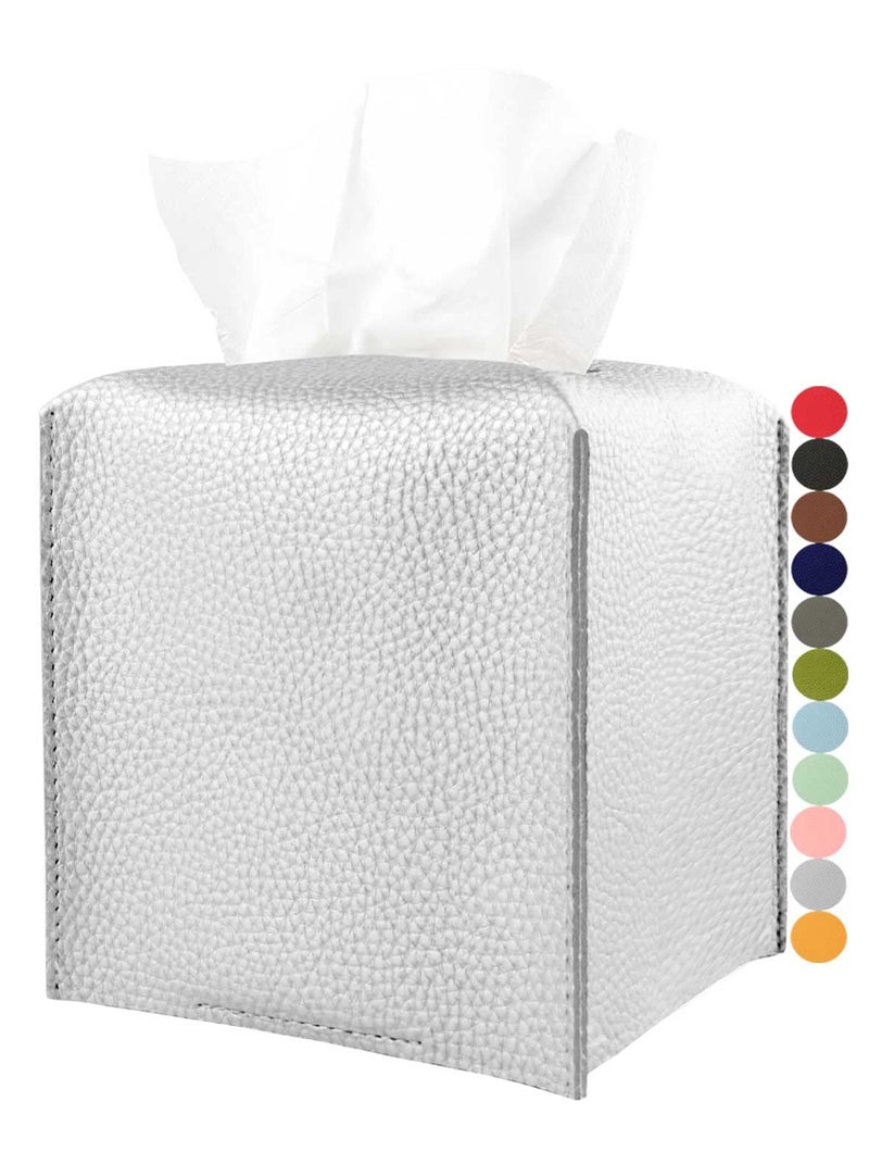 Silver Tissue Box Cover Leather  Square Tissue Box Holder with Bottom Belt by JESMINI Modern PU Leather Cube Tissue Holder for Bathroom Vanity CountertopNight StandsOffice