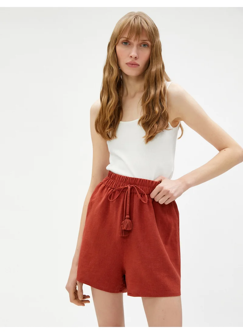 KOTON Cotton Linen Blend Shorts with Pocket and Tied Waist