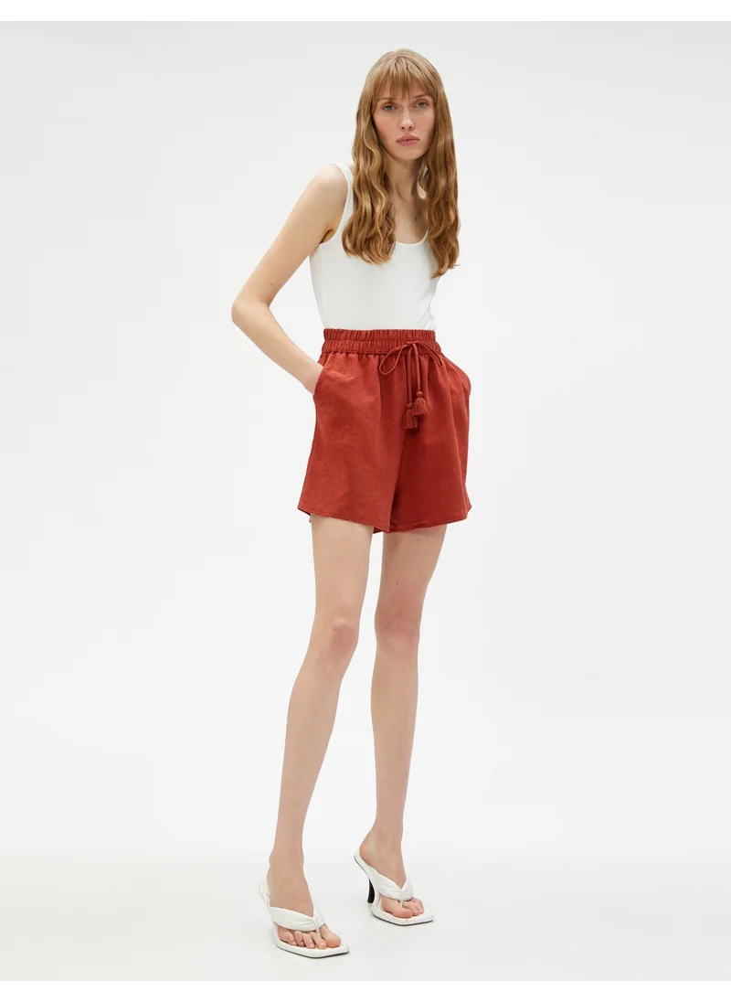 KOTON Cotton Linen Blend Shorts with Pocket and Tied Waist