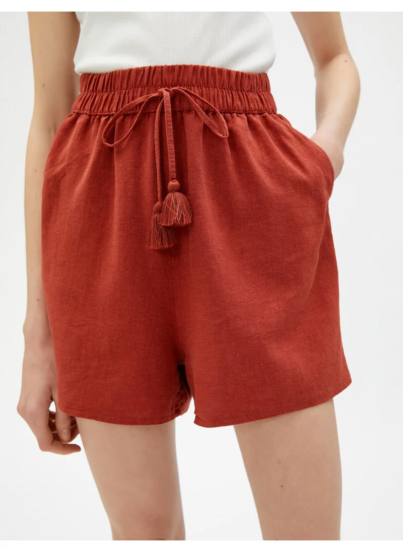 KOTON Cotton Linen Blend Shorts with Pocket and Tied Waist