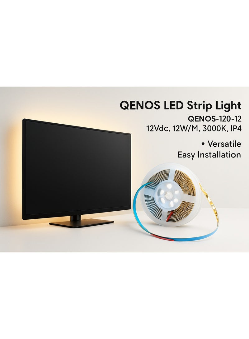 QENOS-120-12 LED Strip Light, 5 Meter Roll, 120 LEDs/m, 12V DC, High-Quality Adhesive Backing for Decorative Cove Lighting, Ceilings, Kitchens, and Bedrooms. - Image 3