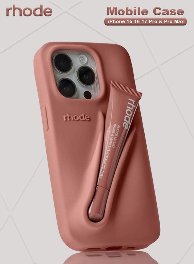 رود تينت شفاه ببتيد بلون الخوخ مع جراب هاتف صيفي متطابق لهواتف آيفون 15-16-17 برو وبرو ماكس، جراب سيليكون آمن بمسكة ثابتة مع حامل للغوس، تغليف أنيق وتصميم عملي لتجديد الإطلالة أثناء التنقل - Image 1