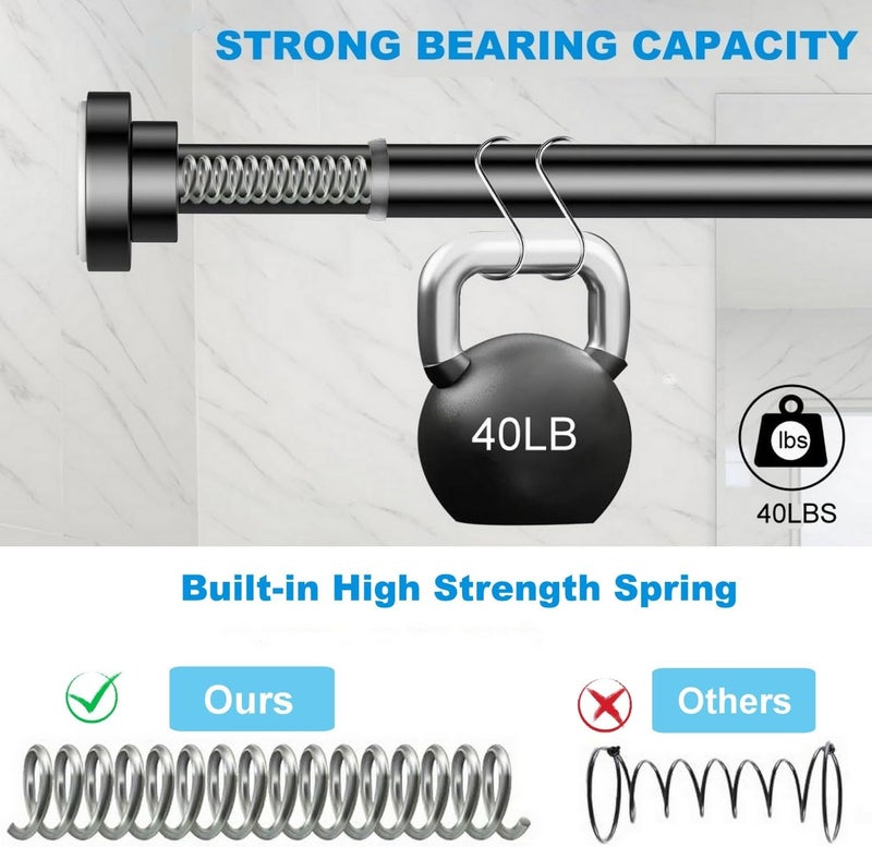 Tension Shower Curtain Rod: Telescopic Shower Doorway Curtain Rod- Never Rust Stainless Steel Curtain Rod- Non-Slip Adjustable Tension Spring Curtain Rod –No Drilling (85-140cm/black) - Image 2