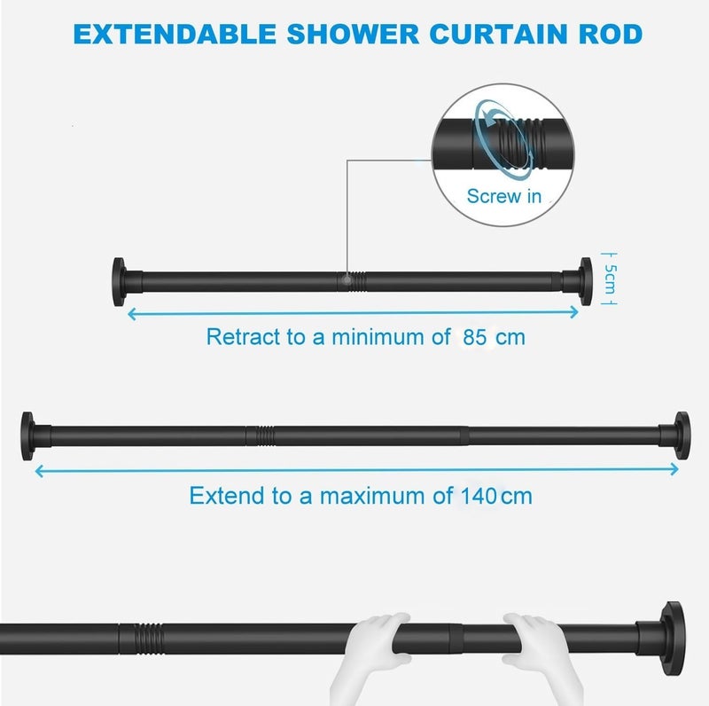 Tension Shower Curtain Rod: Telescopic Shower Doorway Curtain Rod- Never Rust Stainless Steel Curtain Rod- Non-Slip Adjustable Tension Spring Curtain Rod –No Drilling (85-140cm/black) - Image 5