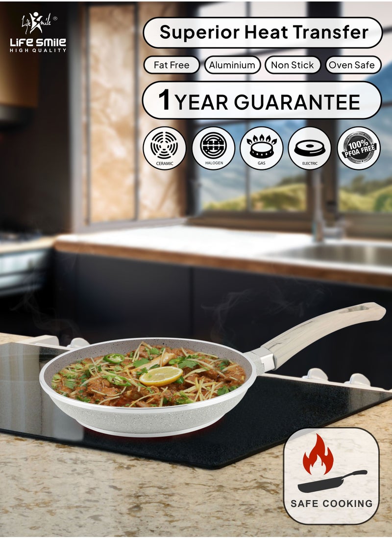 Life Smile - Frying Pan Set - Multi Layer Granite Coating Fry Pan | Include 20 CM, 24 CM, 28 CM Non Stick Pan | Heat-Resistant Handle Hanging Loop (Light Grey) - Image 1