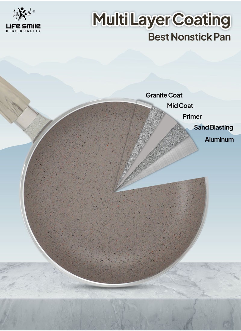 Life Smile - Frying Pan Set - Multi Layer Granite Coating Fry Pan | Include 20 CM, 24 CM, 28 CM Non Stick Pan | Heat-Resistant Handle Hanging Loop (Light Grey) - Image 1