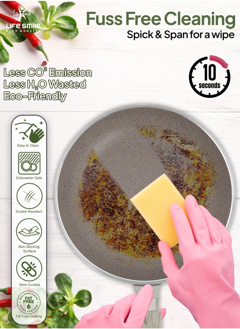 Life Smile - Frying Pan Set - Multi Layer Granite Coating Fry Pan | Include 20 CM, 24 CM, 28 CM Non Stick Pan | Heat-Resistant Handle Hanging Loop (Light Grey) - Image 1
