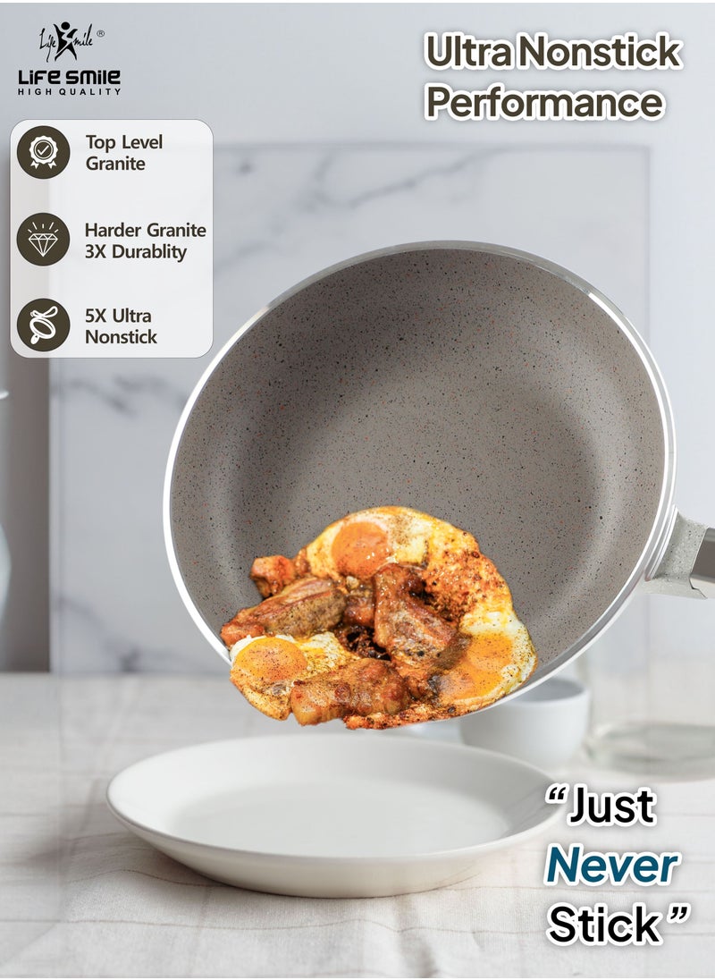 Life Smile - Frying Pan Set - Multi Layer Granite Coating Fry Pan | Include 20 CM, 24 CM, 28 CM Non Stick Pan | Heat-Resistant Handle Hanging Loop (Light Grey) - Image 1