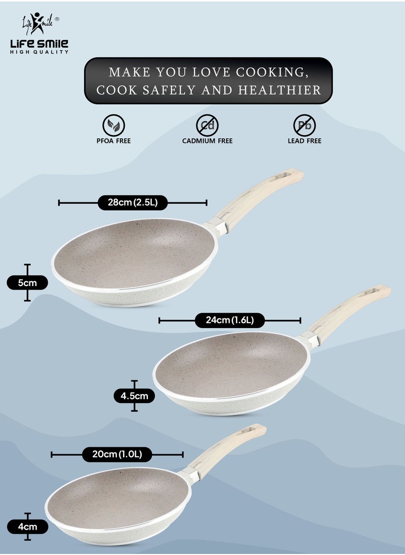 Life Smile - Frying Pan Set - Multi Layer Granite Coating Fry Pan | Include 20 CM, 24 CM, 28 CM Non Stick Pan | Heat-Resistant Handle Hanging Loop (Light Grey) - Image 1