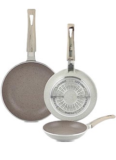 Frying Pan Set - Multi Layer Granite Coating Fry Pan | Include 20 CM, 24 CM, 28 CM Non Stick Pan | Heat-Resistant Handle Hanging Loop (Light Grey)
